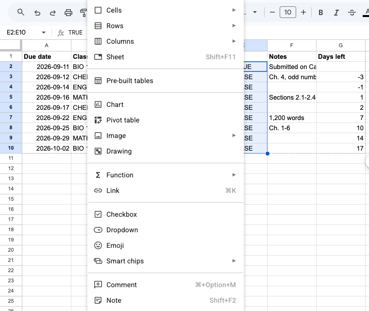 The Insert menu in Google Sheets with Checkbox and Dropdown near the bottom